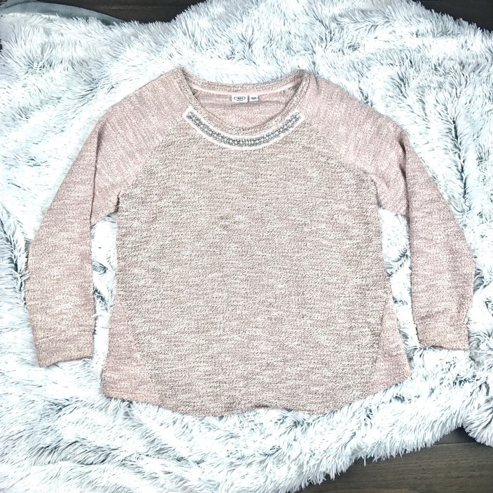 Cato Women Tweed Pearl Rhinestones Crewneck